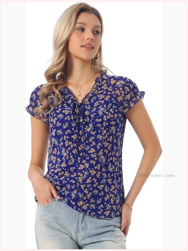 Floral V-Neck Cap Sleeve Ruffle Blouse